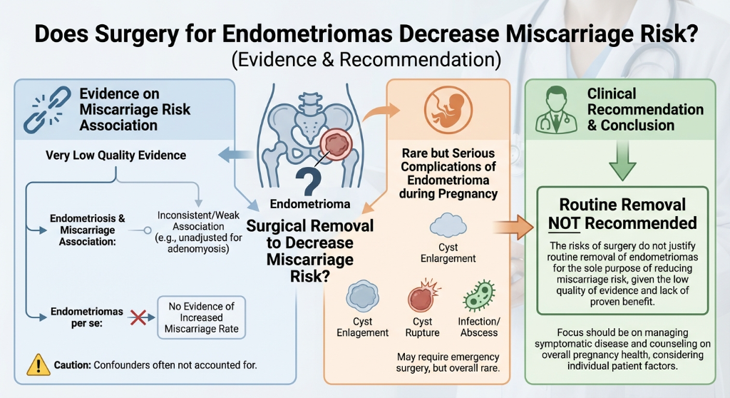 Flowchart discussing whether surgery for endometriomas decreases miscarriage risk, highlighting evidence quality, potential complications, and clinical recommendations. It indicates that routine removal is not recommended based on current evidence.