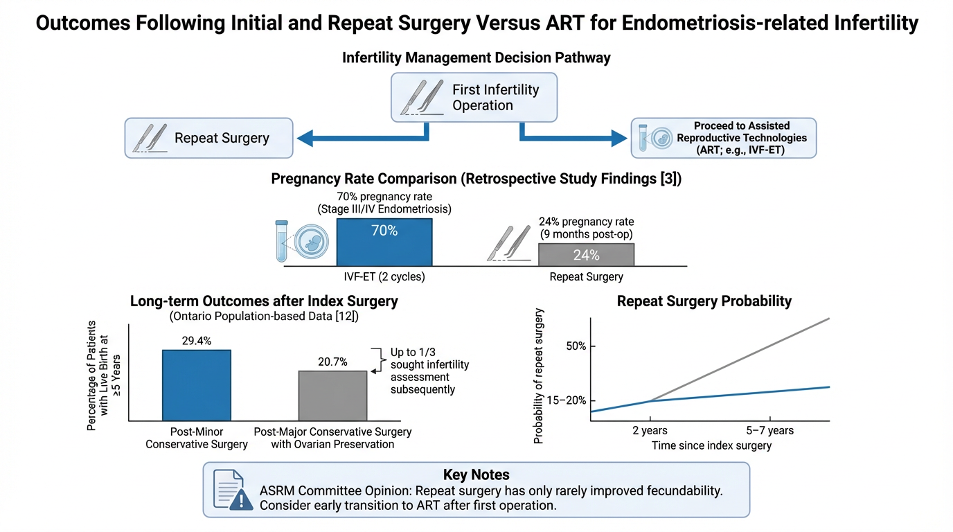 A flowchart and data visualization comparing outcomes of initial and repeat surgery versus assisted reproductive technology (ART) for endometriosis-related infertility, including pregnancy rates, long-term outcomes, and repeat surgery probability.