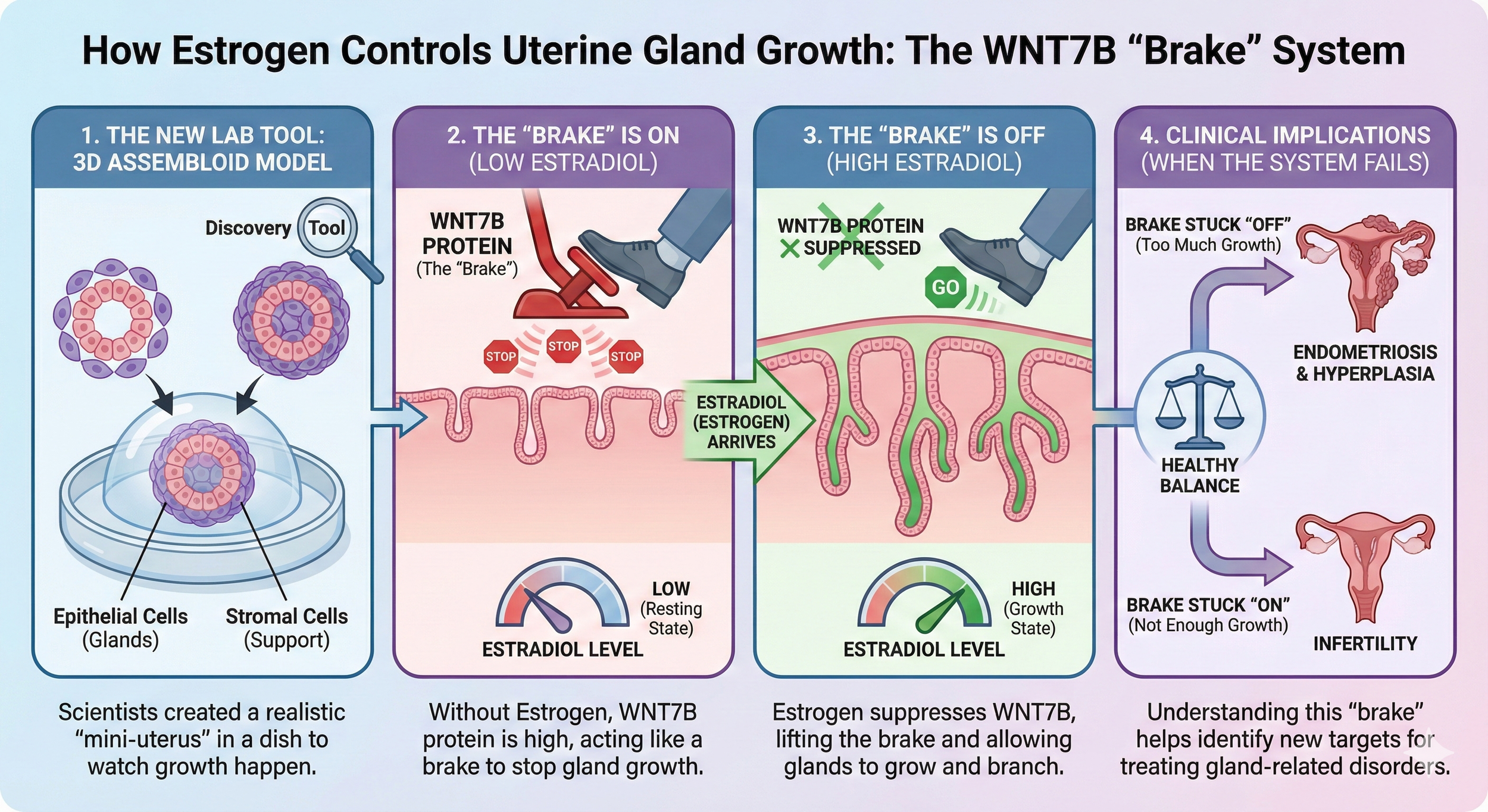 Diagram showing how estrogen controls uterine gland growth via the WNT7B 'brake' system, with four panels explaining the process from lab model creation to clinical implications.