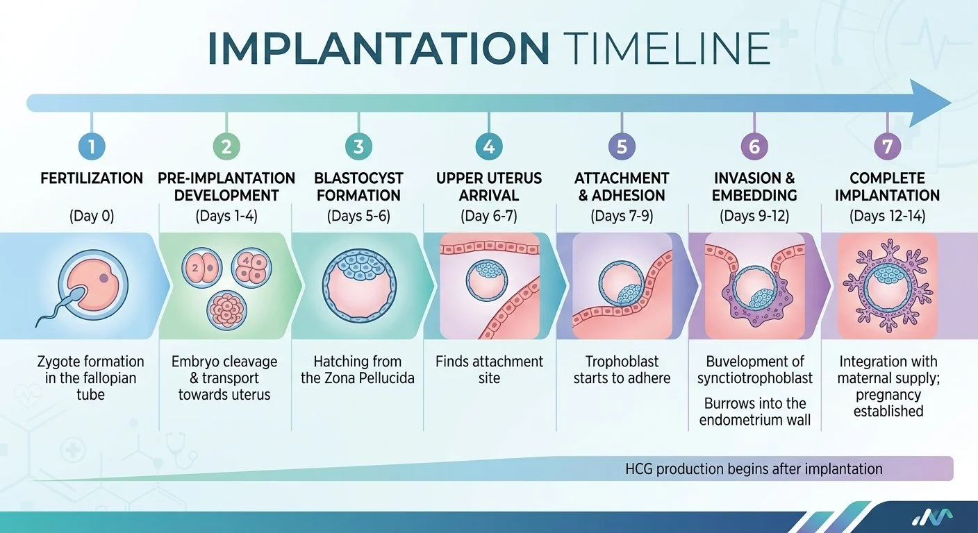 Timeline of embryo implantation stages from fertilization to complete implantation, including fertilization, pre-implantation development, blastocyst formation, uterine arrival, attachment and adhesion, invasion and embedding, and final implantation.