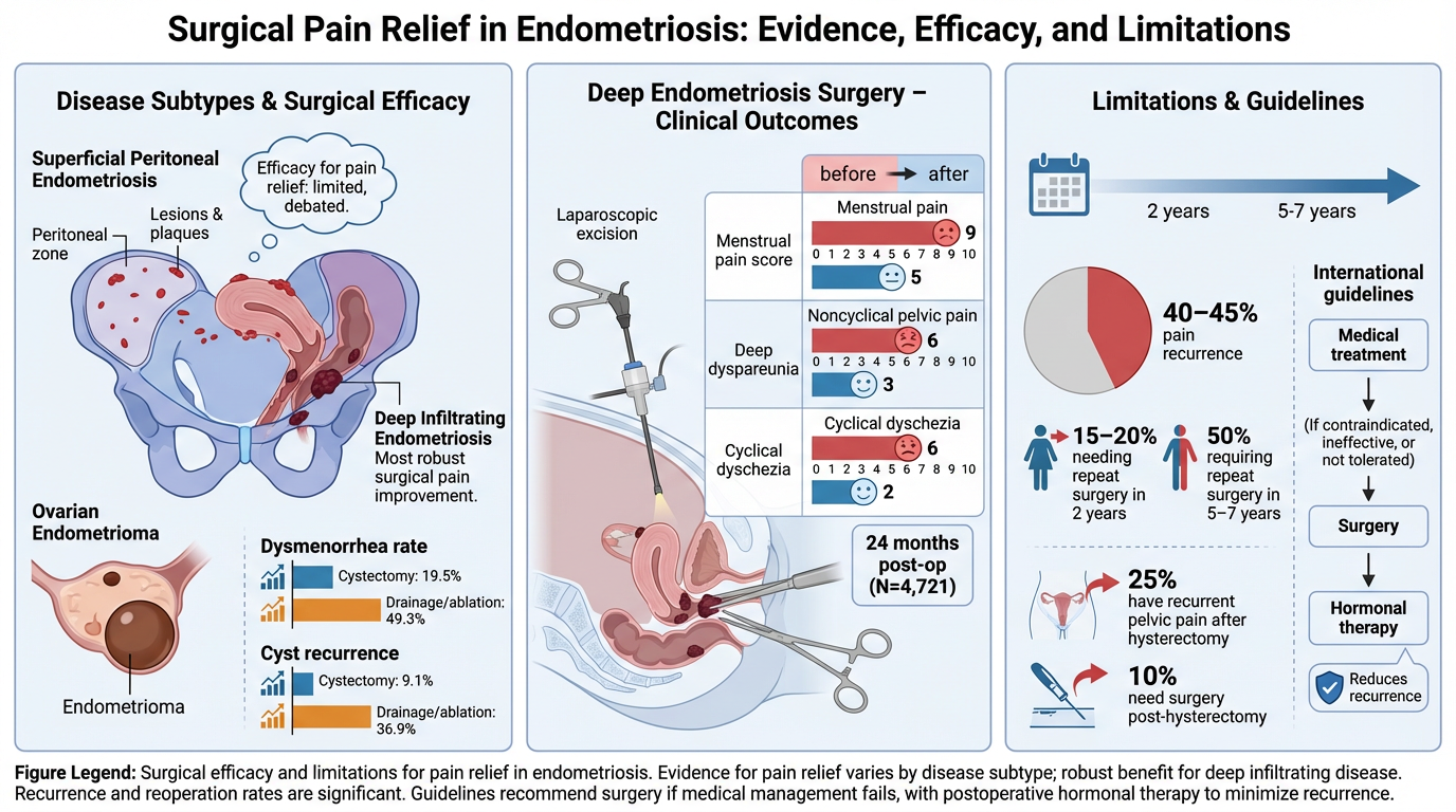 Chart showing evidence, efficacy, and limitations of surgical pain relief in endometriosis. It compares disease subtypes and surgical effectiveness, clinical outcomes of deep endometriosis surgery, and international guidelines. Includes statistics on