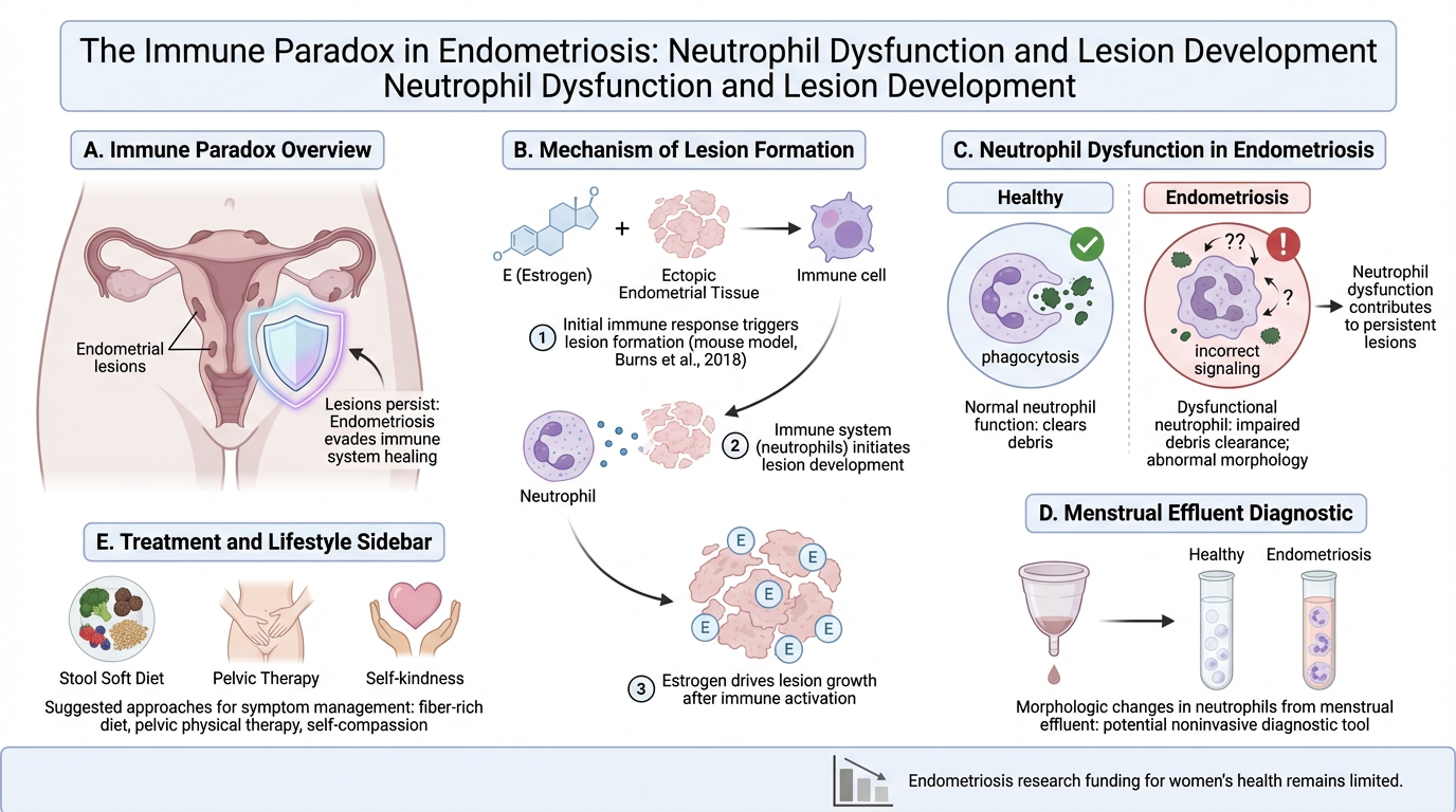 Diagram explaining the immune paradox in endometriosis, focusing on neutrophil dysfunction and lesion development. It includes sections on immune overview, lesion formation mechanism, neutrophil dysfunction, menstrual effluent diagnostic, and treatme