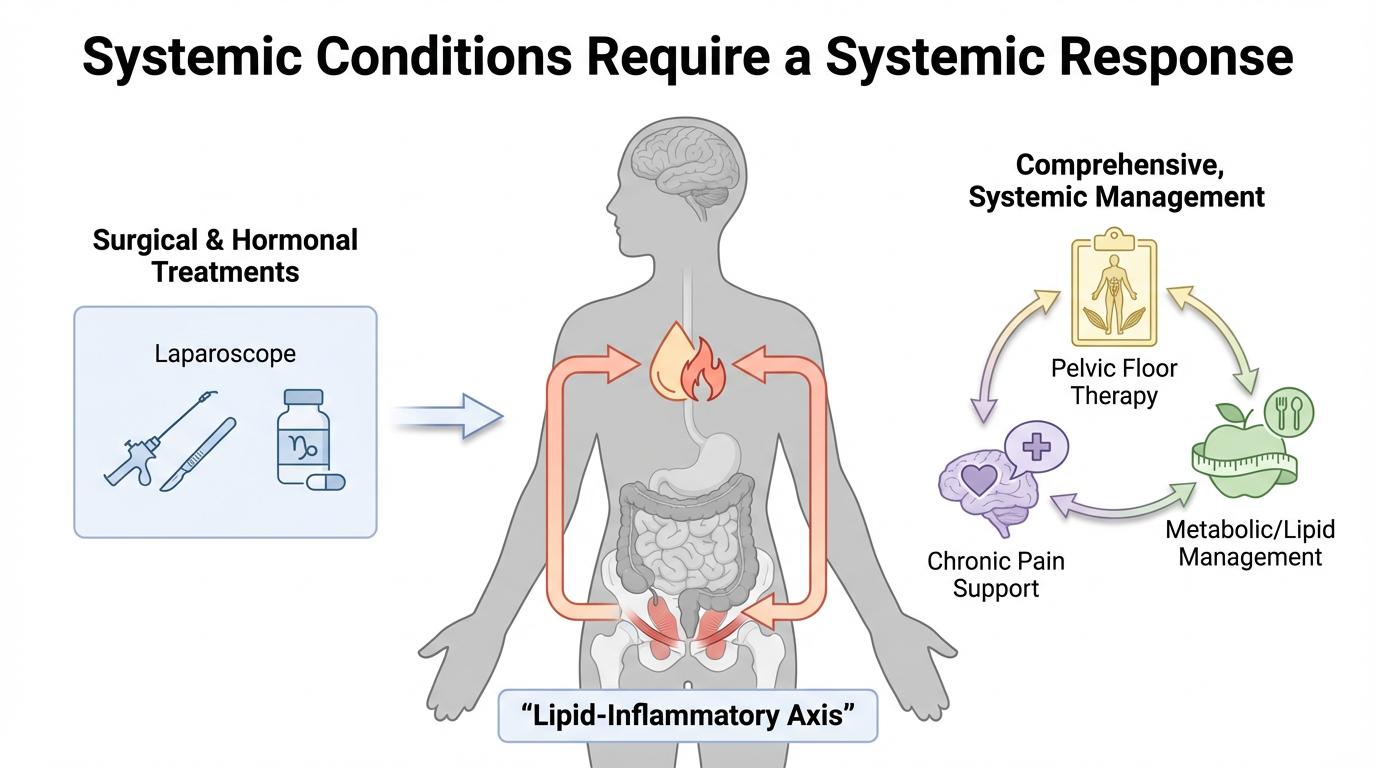 Diagram depicting how systemic conditions require a systemic response, illustrating the 'Lipid-Inflammatory Axis' and treatments like laparoscopic surgery, hormone therapy, pelvic therapy, metabolic management, and chronic pain support.