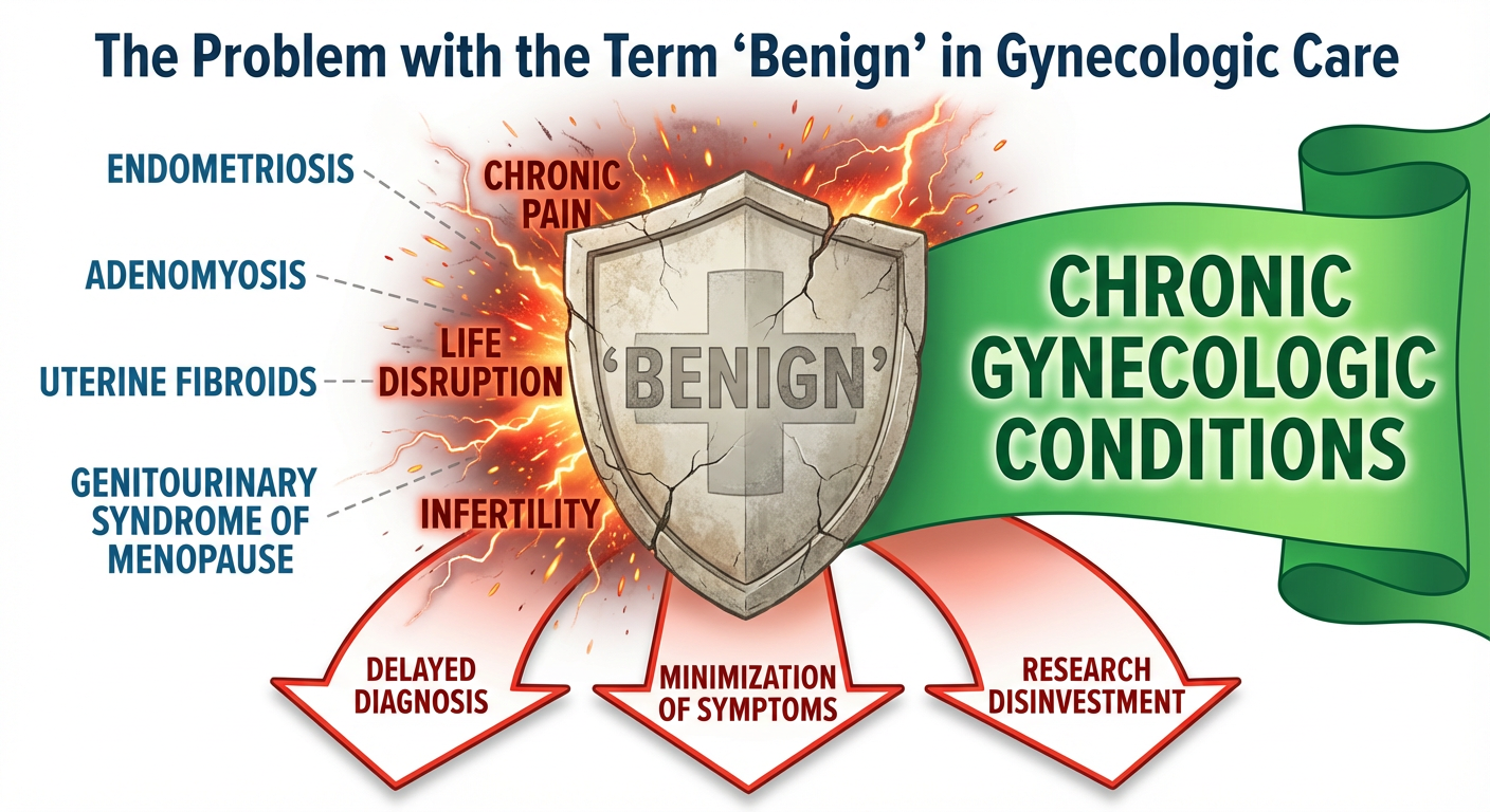 A graphic illustrating the problems with the term 'benign' in gynecologic care, showing a cracked shield labeled 'benign' with sparks and lightning, connected to conditions like endometriosis, adenomyosis, uterine fibroids, and genitourinary syndrome of menopause, causing chronic pain, life disruption, and infertility. Red arrows point to issues such as delayed diagnosis, minimization of symptoms, and research disinvestment, and a green banner with 'Chronic Gynecologic Conditions'.