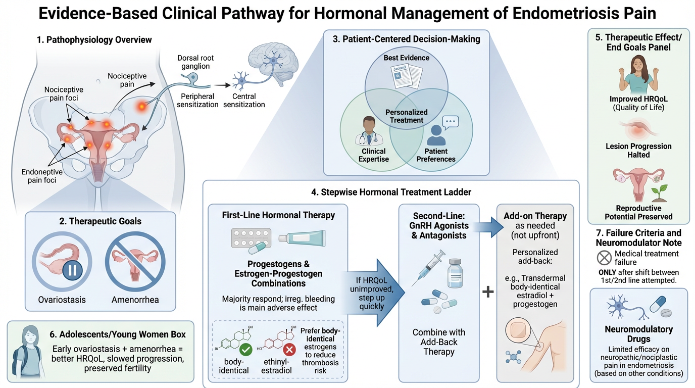 Flowchart illustrating an evidence-based clinical pathway for hormonal management of endometriosis pain. It includes sections on pathophysiology overview, therapeutic goals (ovariostatsis and amenorrhea), patient-centered decision-making, stepwise ho