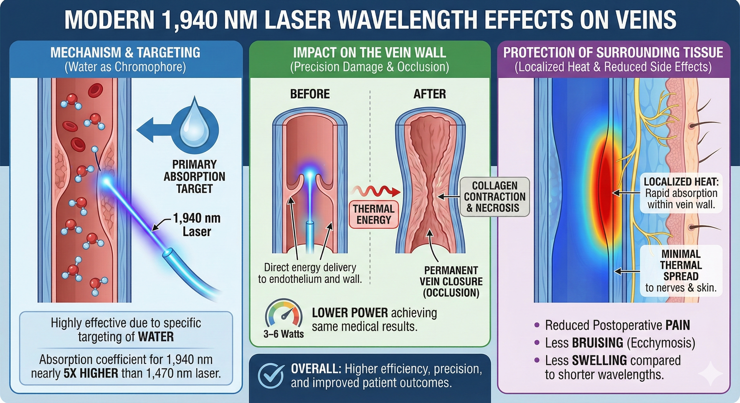Diagram showing how a 1,940 nm laser works for vein treatment, including mechanism targeting water in the vein wall, impact of thermal energy causing collagen contraction and necrosis, and protection of surrounding tissue with localized heat to reduc