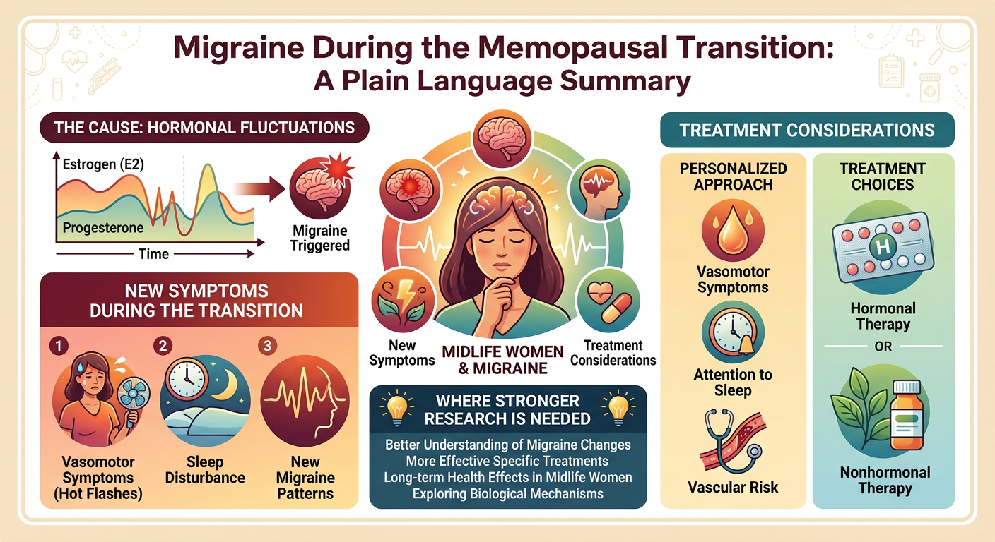 An infographic explaining migraine during menopausal transition. It shows hormonal fluctuations as the cause, new symptoms like hot flashes, sleep disturbance, and new migraine patterns. It highlights treatment considerations including personalized a