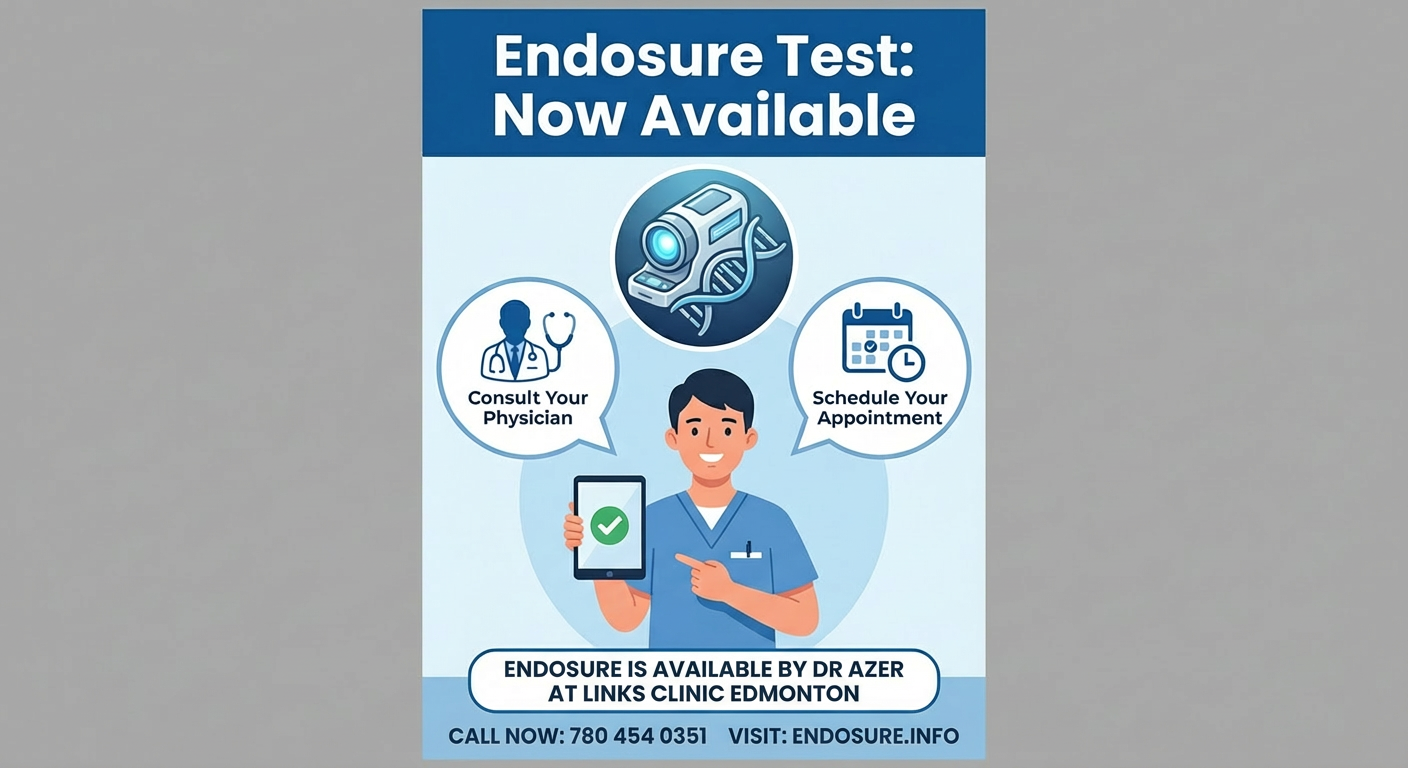A promotional poster for an endoscopy test available at Links Clinic Edmonton. The poster features a male healthcare professional in blue scrubs holding a smartphone with a checkmark on the screen. There are icons with text encouraging people to cons