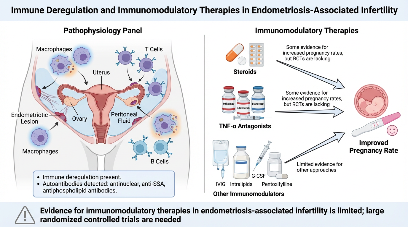 Diagram showing immune deregulation and immunomodulatory therapies in endometriosis-associated infertility. The left panel illustrates immune cells in the uterus, including macrophages, T cells, B cells, endometriotic lesions, and peritoneal fluid. T