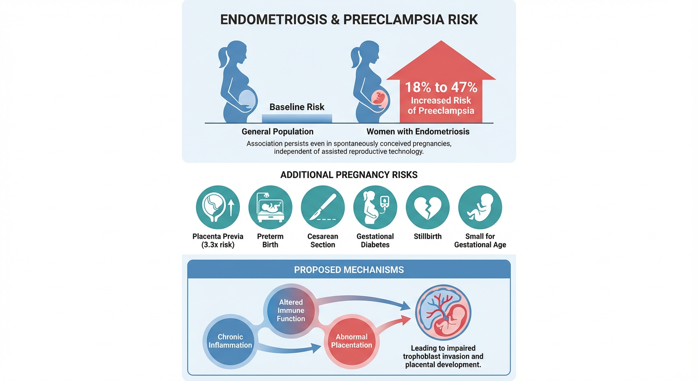 Diagram displaying the risk factors and mechanisms for endometriosis and preeclampsia. It includes two silhouettes of pregnant women, one representing general population risk and the other illustrating increased risk for women with endometriosis. An 