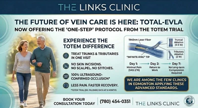 Advertisement for The Links Clinic promoting Total-EVLA vein care with a 'one-step' protocol from the ToTem trial, featuring a photo of a smiling man and woman walking together, a diagram of laser fiber ablation, and contact details.