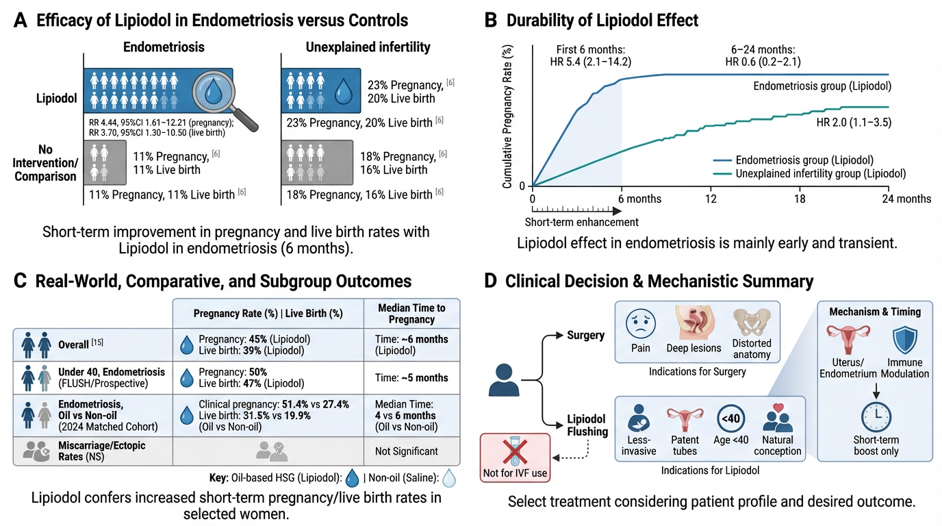 A four-panel infographic about Lipiodol used in endometriosis treatment. Panel A compares efficacy in endometriosis and unexplained infertility, showing short-term pregnancy and live birth rate improvements. Panel B shows a graph of the durability of