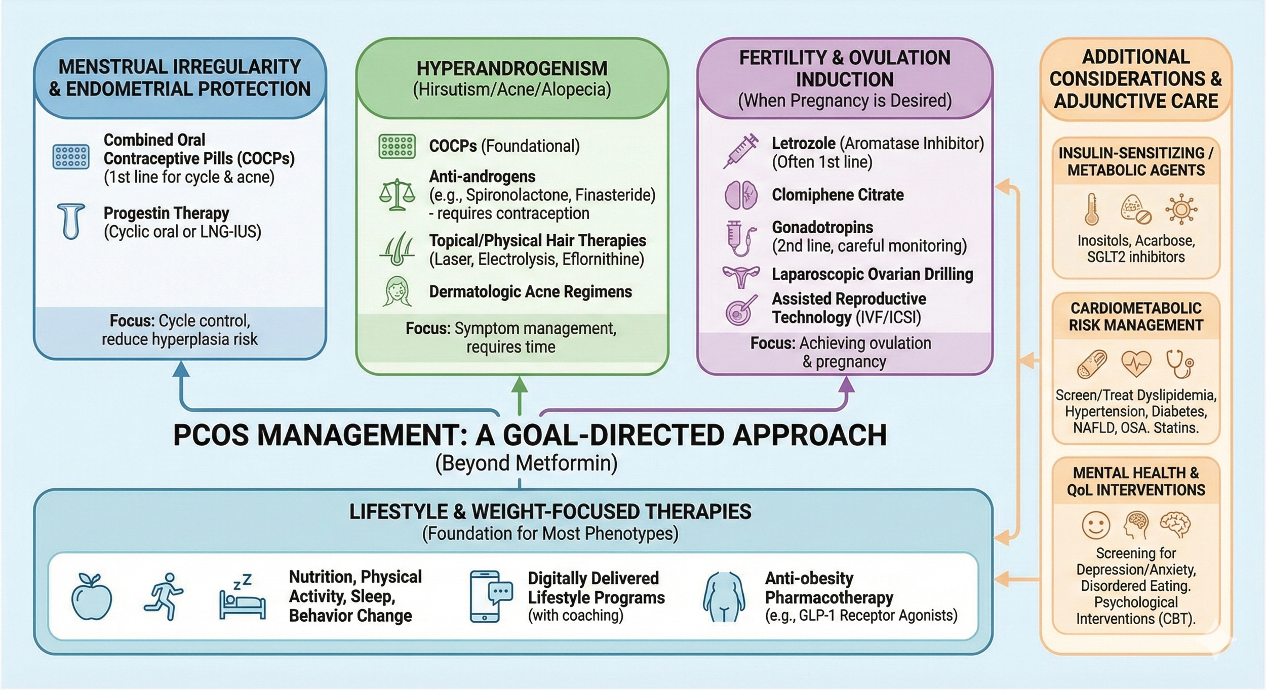 Diagram of PCOS management with categories for menstrual irregularity, hyperandrogenism, fertility, ADL & care, lifestyle & weight-focused therapies, and supplemental therapies, highlighting goals and treatments.