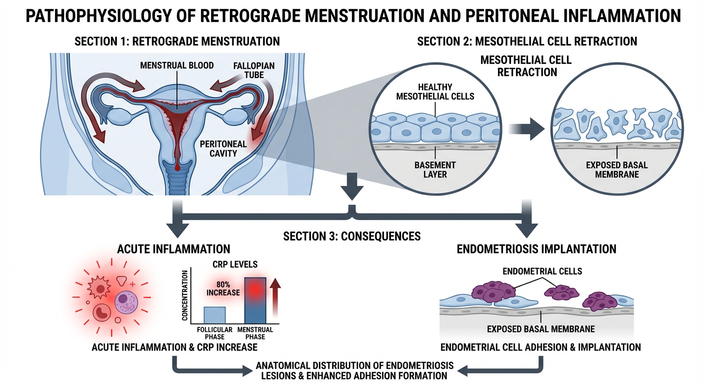 Diagram illustrating the pathophysiology of retrograde menstruation and peritoneal inflammation, including sections on retrograde menstruation, mesothelial cell retraction, and consequences such as acute inflammation and endometriosis implantation, w