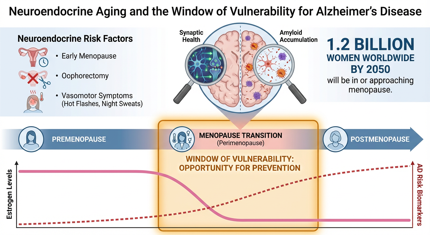 Infographic about neuroendocrine aging and vulnerability for Alzheimer's disease, highlighting risk factors like early menopause, oophorectomy, and vasomotor symptoms, with a focus on women approaching menopause and a projected increase to 1.2 billio
