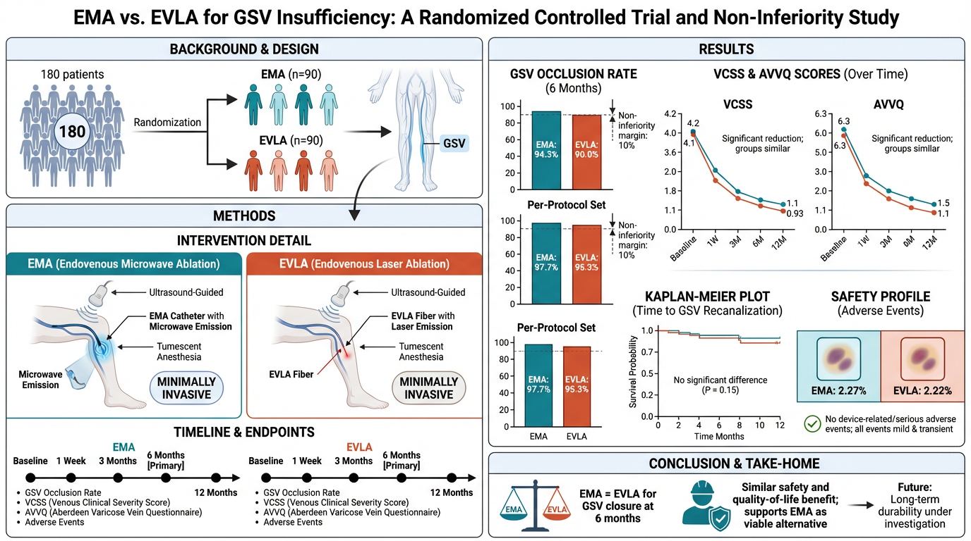 A detailed infographic comparing endovenous microwave ablation (EMA) and endovenous laser ablation (EVLA) for GSV insufficiency. It includes sections on study background, methods, intervention procedures with diagrams, timeline and endpoints, results