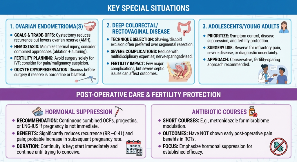 A detailed infographic outlining key special situations in reproductive health, including ovarian endometrioma, deep colorectal/rectovaginal disease, and adolescents/young adults. It covers goals, techniques, complications, and approaches, and detail