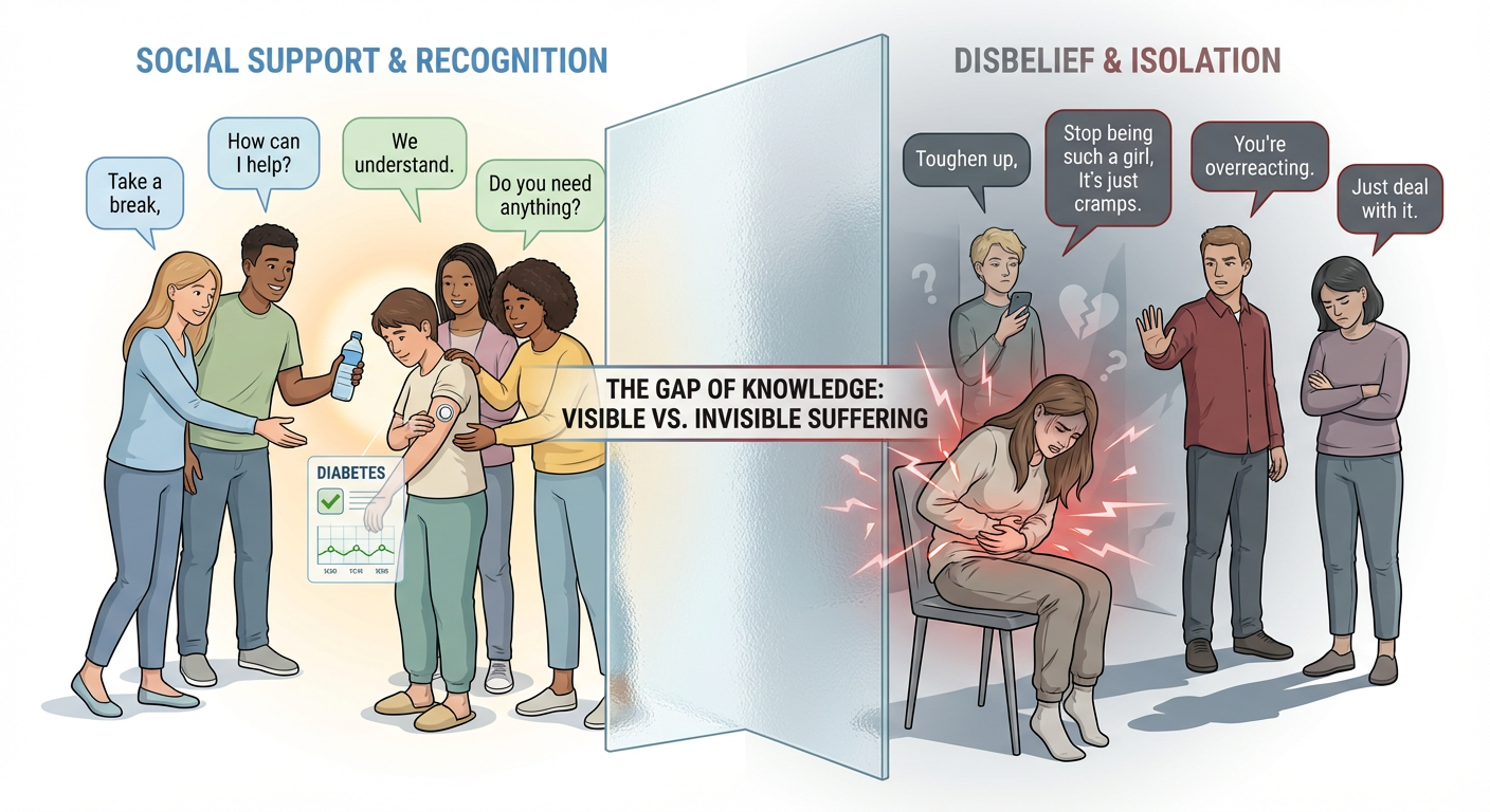 Illustration contrasting social support and recognition with disbelief and isolation in mental health. On the left, a diverse group supports a person with diabetes, offering understanding and help. On the right, a woman in pain is dismissed and told 