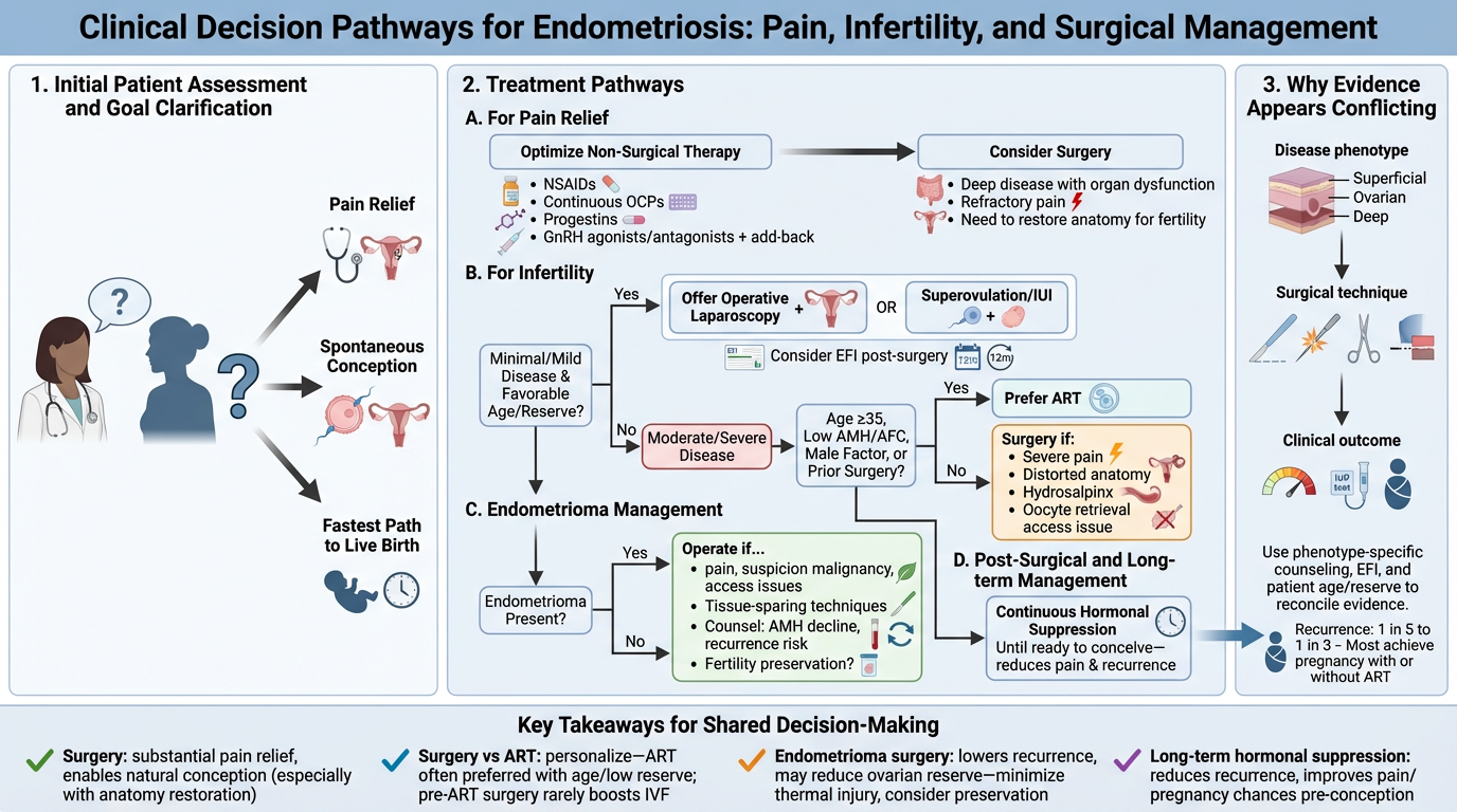 Flowchart titled Clinical Decision Pathways for Endometriosis: Pain, Infertility, and Surgical Management, detailing steps from initial assessment to long-term management, including treatment options like surgery, ART, pain relief, and endometrioma m