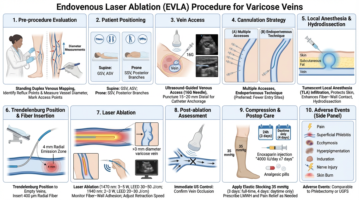 Diagram of endovenous laser ablation (EVLA) procedure for varicose veins, showing steps from vein evaluation and patient positioning to laser ablation, post-ablation assessment, compression, adverse events, and other stages in a numbered flowchart.