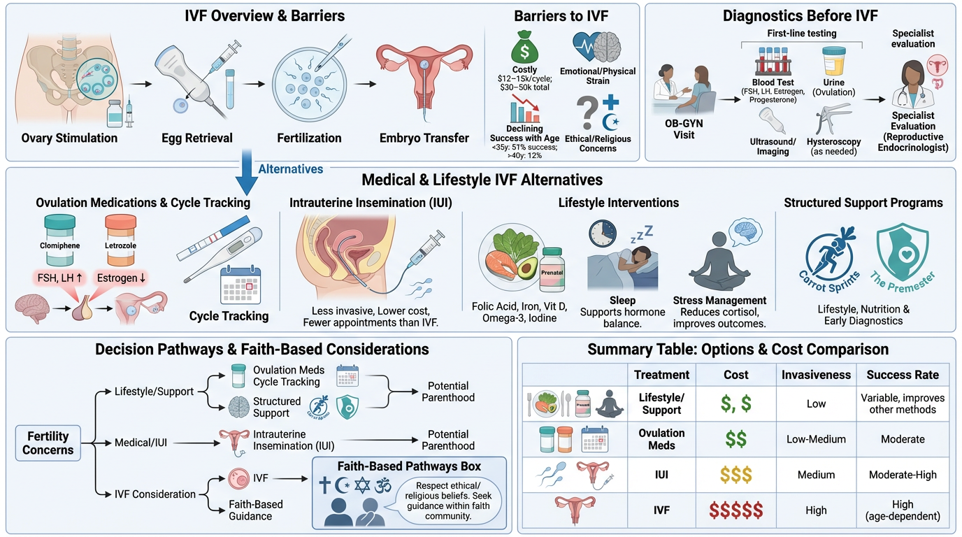 Flowchart illustrating IVF overview, barriers, diagnostics, options, and cost comparison including ovarian stimulation, egg retrieval, fertilization, embryo transfer, alternatives like ovulation medications, intrauterine insemination, lifestyle inter