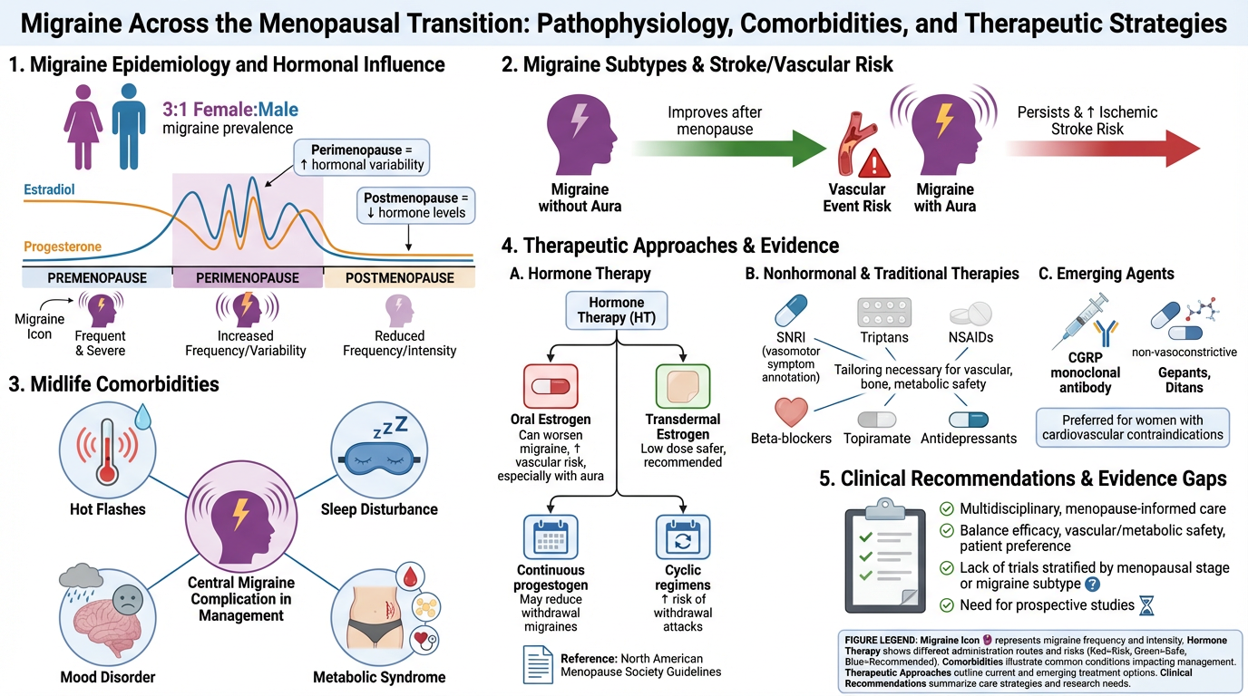Infographic titled 'Migraine Across the Menopausal Transition: Pathophysiology, Comorbidities, and Therapeutic Strategies.' It discusses migraine epidemiology, hormonal influence, midlife comorbidities, migraine subtypes and stroke risk, therapeutic 