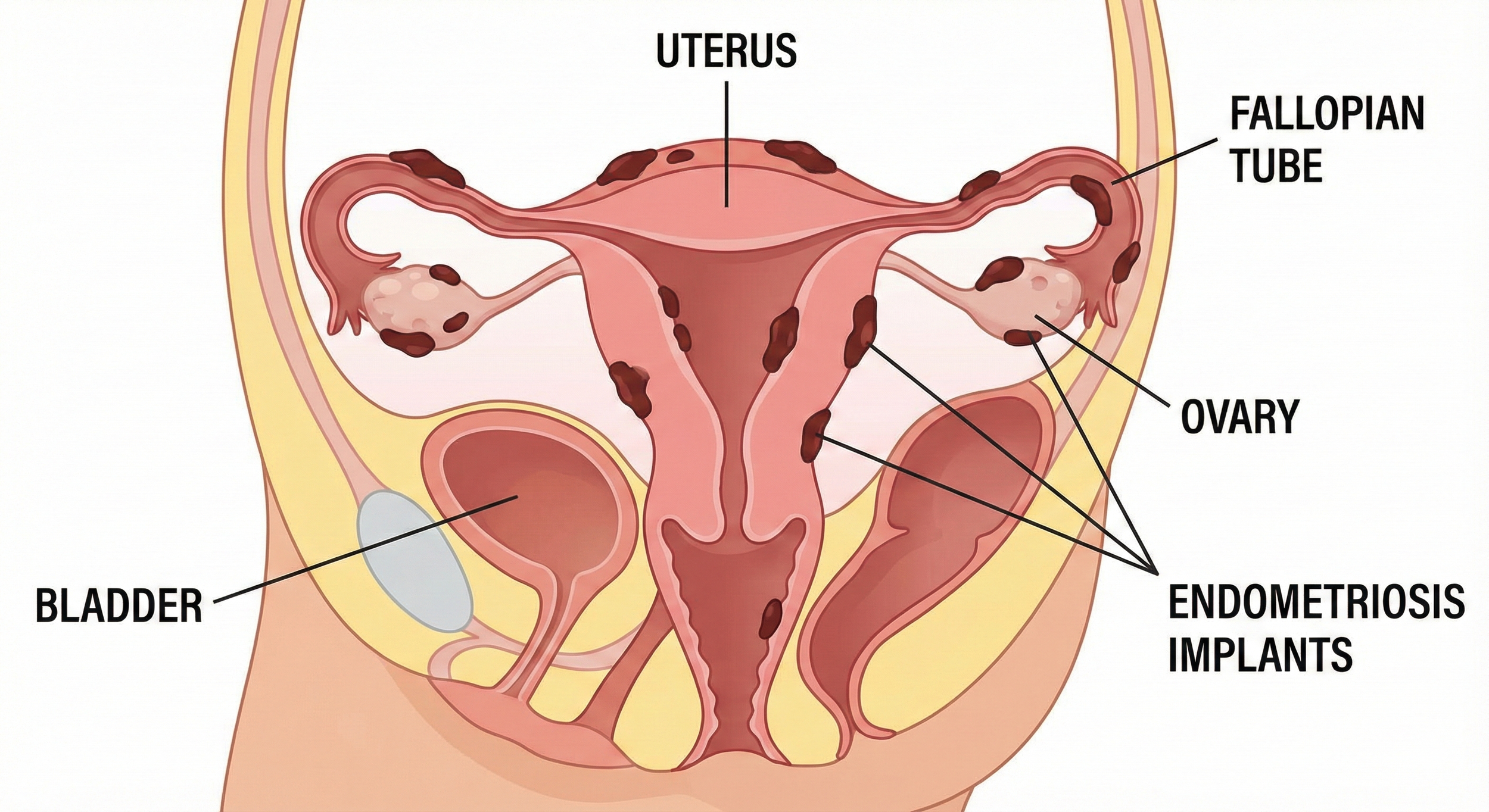 Diagram of female reproductive organs highlighting the uterus, fallopian tubes, ovaries, bladder, and endometriosis implants.
