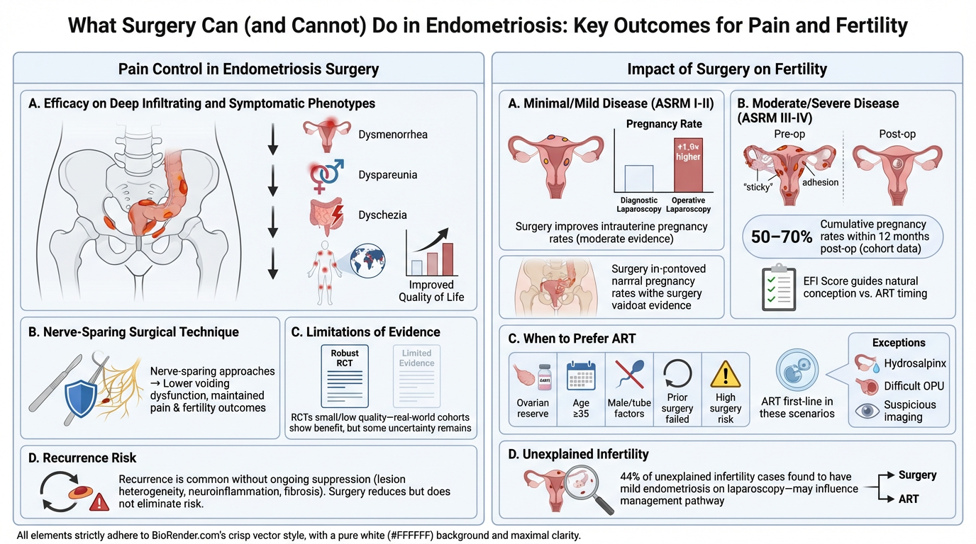 Infographic titled "What Surgery Can (and Cannot) Do in Endometriosis: Key Outcomes for Pain and Fertility" with sections on pain control, impact on fertility, surgical techniques, evidence limitations, recurrence risk, when to prefer ART, and unexpl