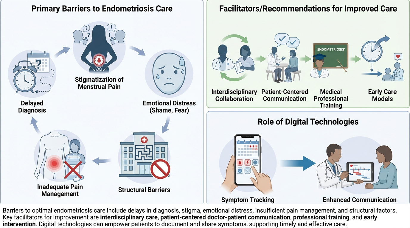 Diagram showing barriers and facilitators in endometriosis care. Left side depicts barriers including delayed diagnosis, structural barriers, inadequate pain management, emotional distress, and stigma. Right side shows facilitators such as interdisci