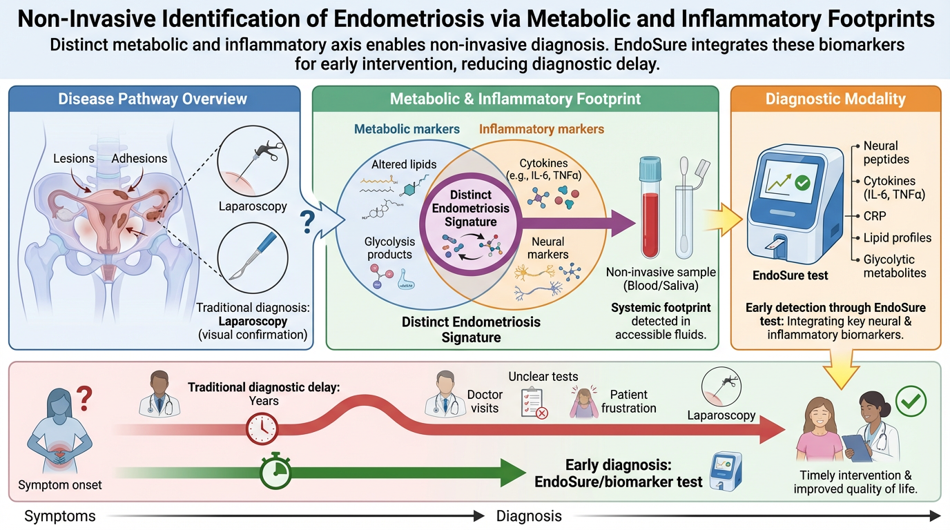 Diagram explaining non-invasive diagnosis of endometriosis using metabolic and inflammatory biomarkers, highlighting the pathway from symptoms to early diagnosis through EndoSure test.