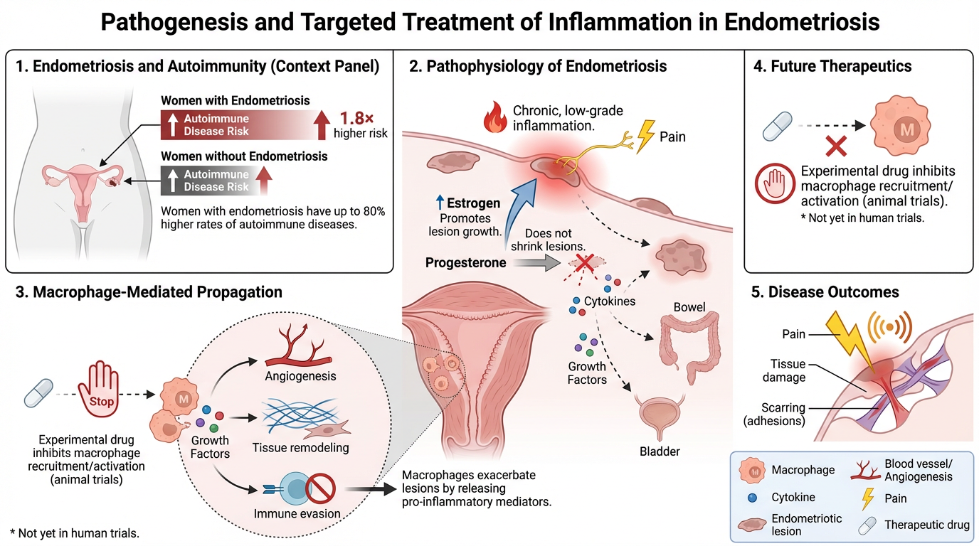 Diagram explaining the pathogenesis and targeted treatment of inflammation in endometriosis. It includes five sections: 1) endometriosis and autoimmunity showing women with and without endometriosis, highlighting higher autoimmune disease risk in wom