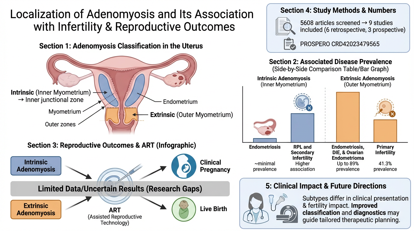 Infographic summarizing research on adenomyosis classification, prevalence, outcomes, and future directions. Includes diagrams of the uterus, comparison of intrinsic and extrinsic adenomyosis prevalence, and icons representing clinical aspects.