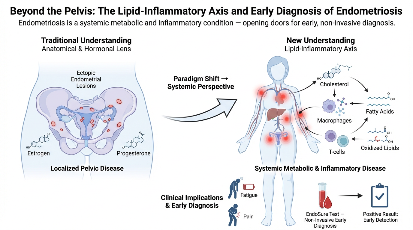 Diagram illustrating the shift from traditional understanding of localized pelvic disease to a new systemic metabolic and inflammatory perspective in endometriosis. It shows the pelvic area with endometrial lesions and hormonal influences on the left