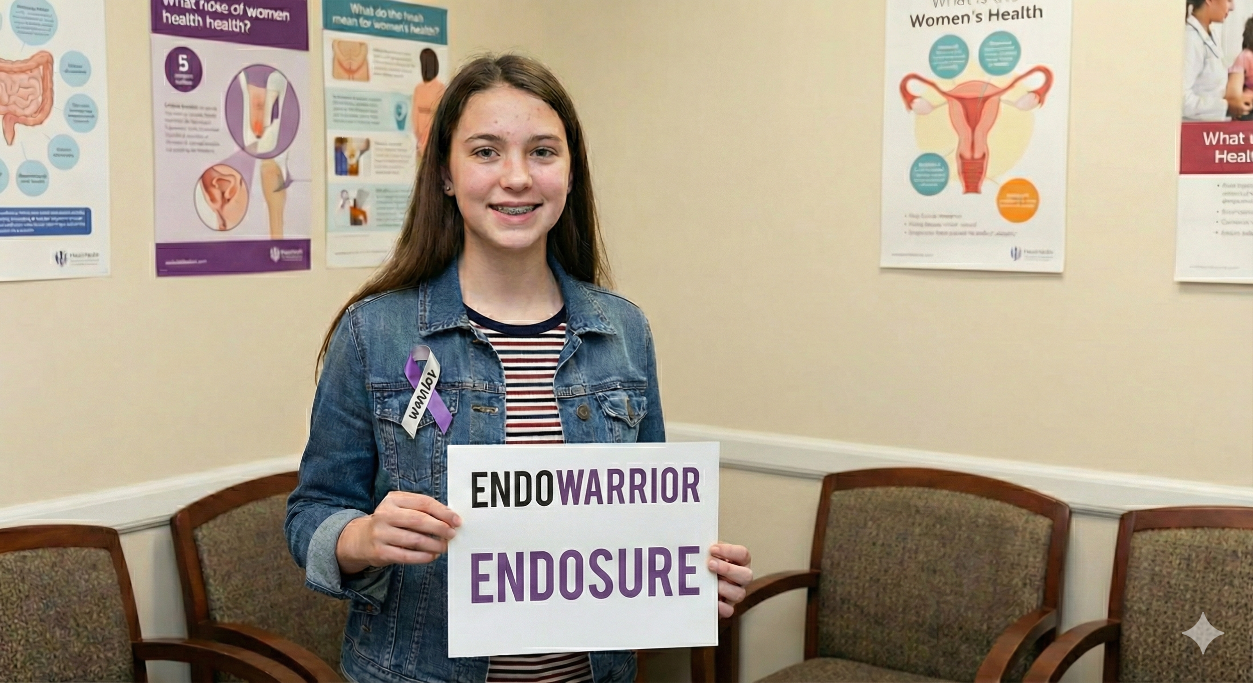A young girl with long brown hair wearing a denim jacket and striped shirt, standing in a room with health education posters on the wall, holding a sign that reads 'ENDO WARRIOR ENDOSURE.'