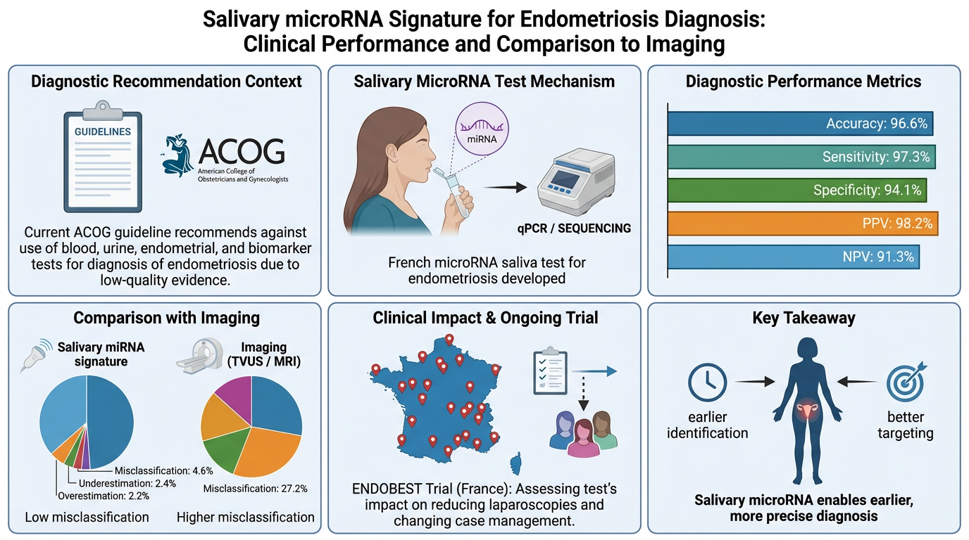 Diagram illustrating the salivary microRNA signature for endometriosis diagnosis. Sections include: diagnostic guidelines from the American College of Obstetricians and Gynecologists, a depiction of a woman with a nasal swab for microRNA testing, tes