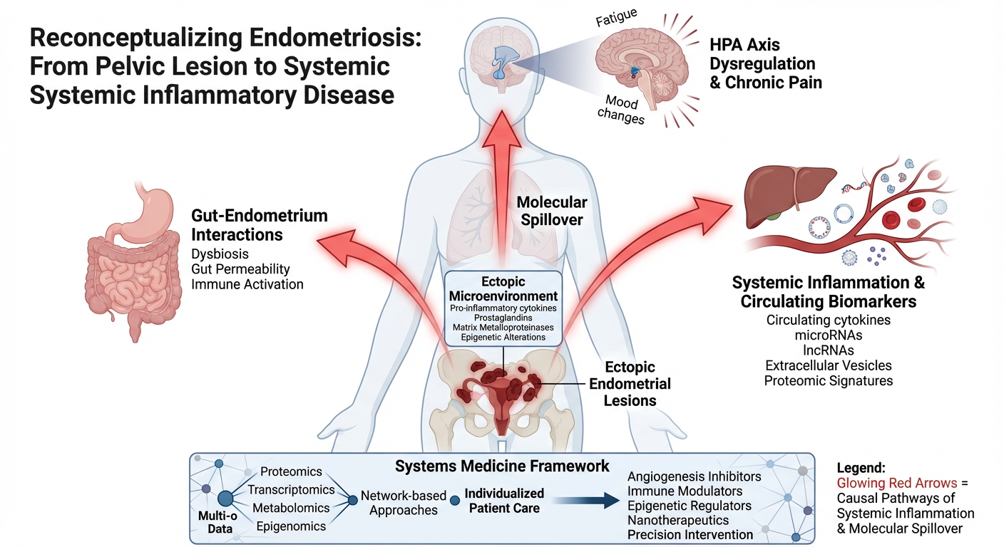 Diagram illustrating the connection between pelvic endometriosis and systemic inflammatory disease, emphasizing gut-endometrium interactions, ectopic microenvironment, molecular spillover, systemic inflammation, and the systemic medicine framework.