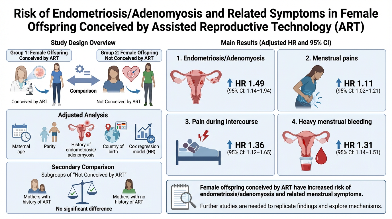 Title: Risk of Endometriosis/Adenomyosis and Related Symptoms in Female Offspring Conceived by Assisted Reproductive Technology (ART). Study design overview comparing female offspring conceived by ART and not conceived by ART, with images representin