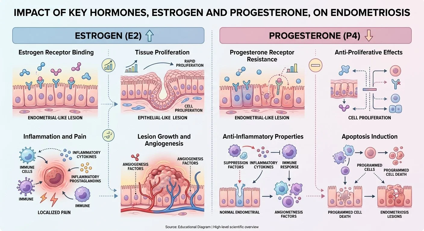 Diagram showing the impact of key hormones, estrogen and progesterone, on endometriosis. The left side illustrates estrogen's role in tissue proliferation, inflammation, pain, and lesion growth. The right side shows progesterone's effects in reducing