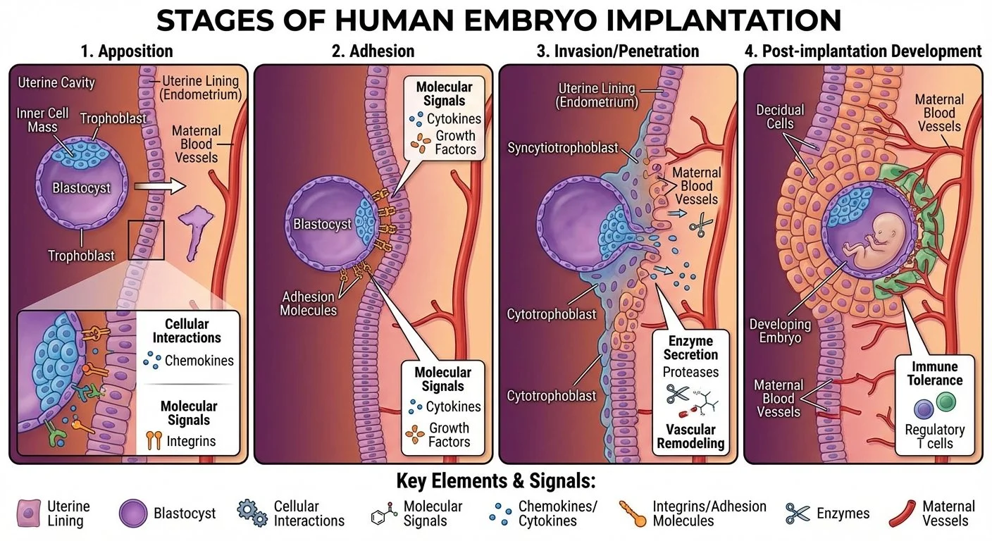 Diagram illustrating the stages of human embryo implantation, including apposition, adhesion, invasion/penetration, and post-implantation development, with labeled cellular and molecular interactions.