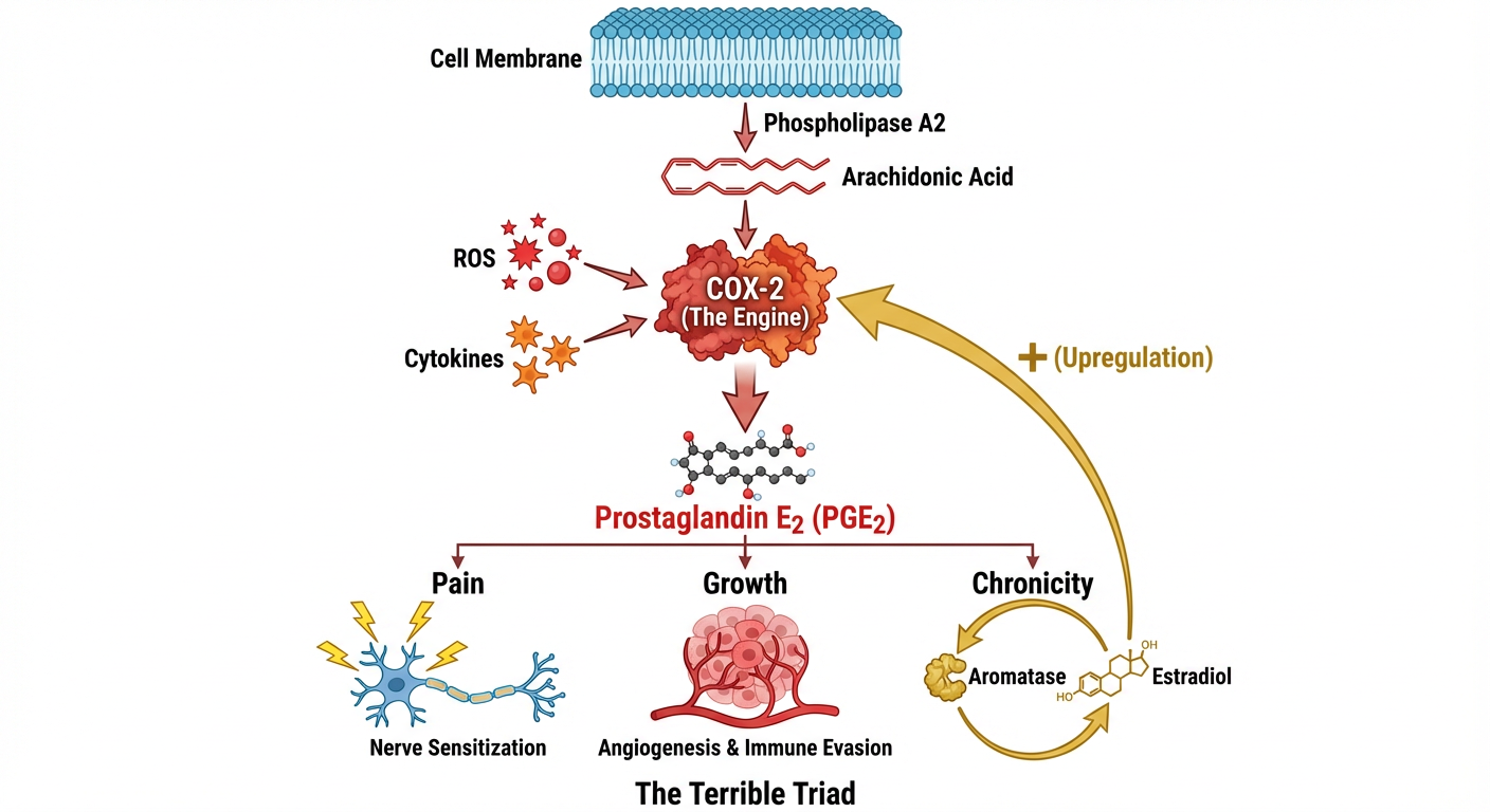Diagram illustrating the process of inflammation in the body. It shows a cell membrane releasing arachidonic acid through the enzyme phospholipase A2. Arachidonic acid is converted by COX-2 into prostaglandin E2, which causes pain, promotes growth, a