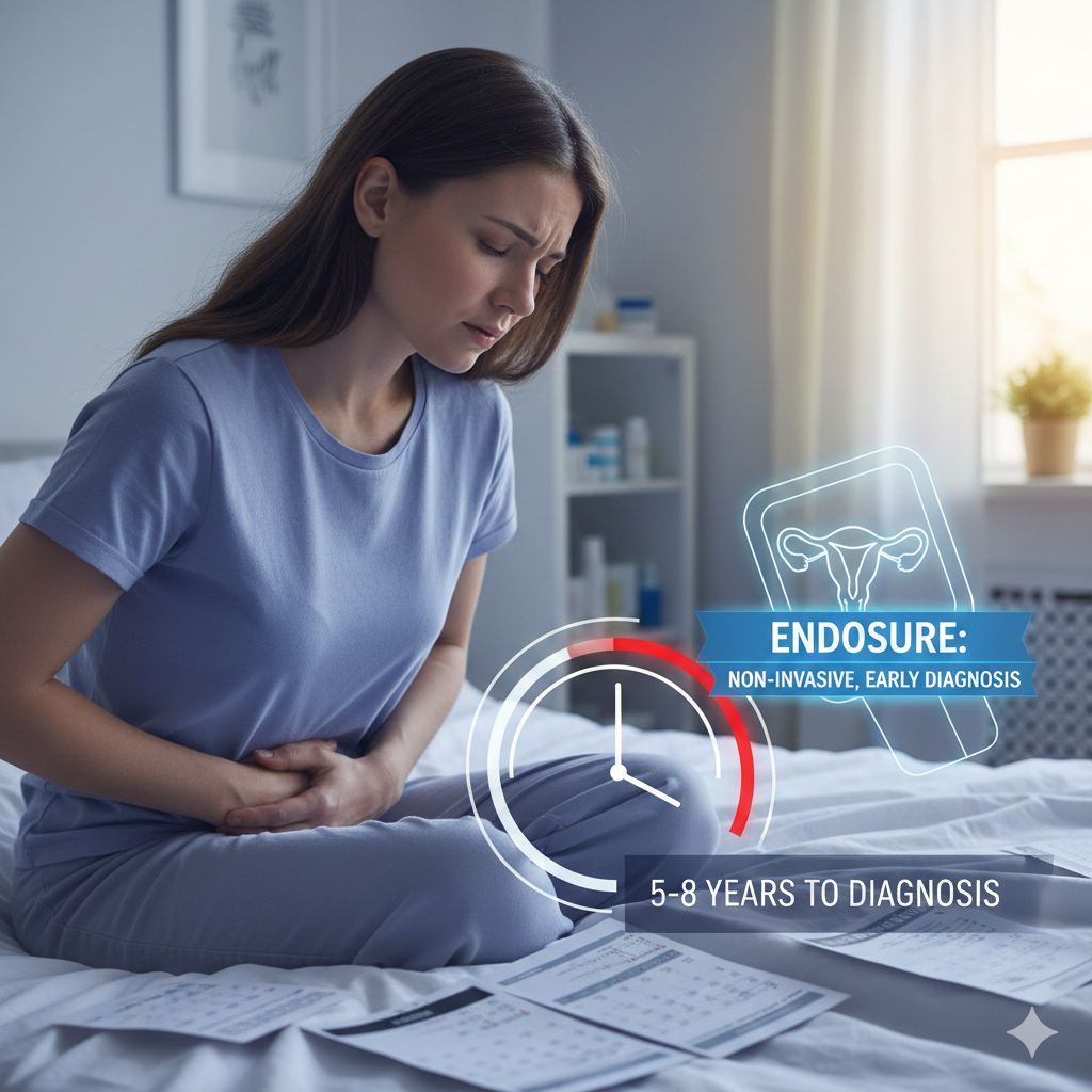 A woman sitting on a bed holding her stomach, appearing to be in pain, next to medical documents and a digital overlay showing information about endometriosis, a non-invasive early diagnosis approach, and an estimated 5-8 years to diagnosis.