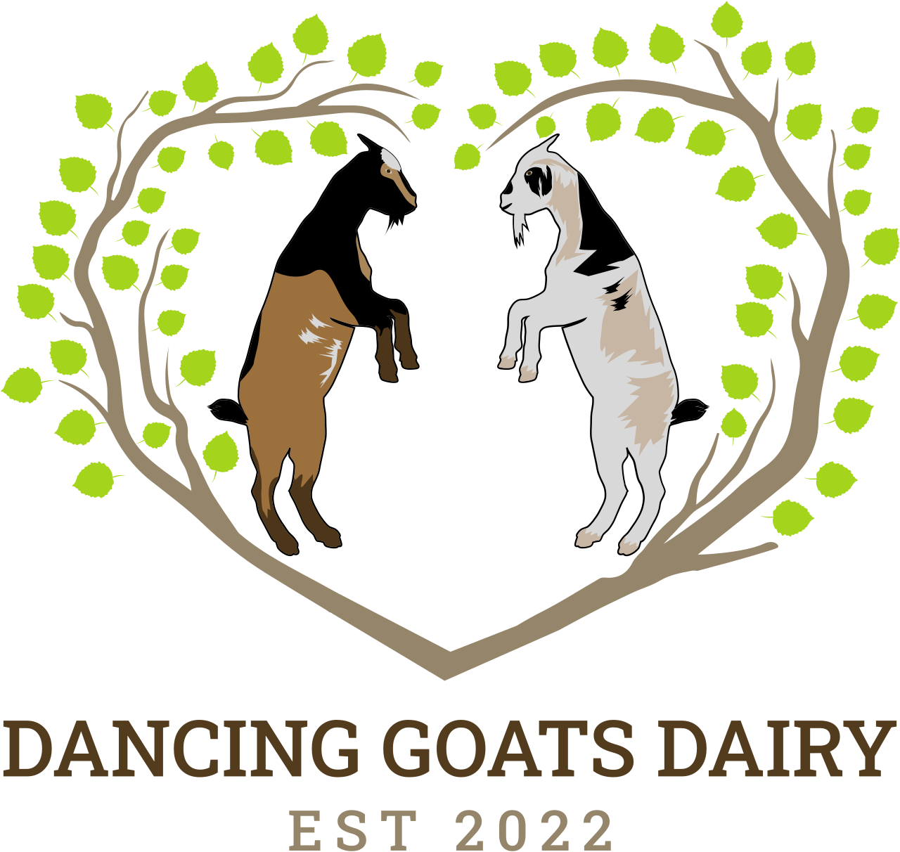 Two goats, one brown and black and the other gray and black, are standing on their hind legs inside a heart-shaped border made of green leaves and brown branches. Text below reads "Dancing Goats Dairy Est 2022."