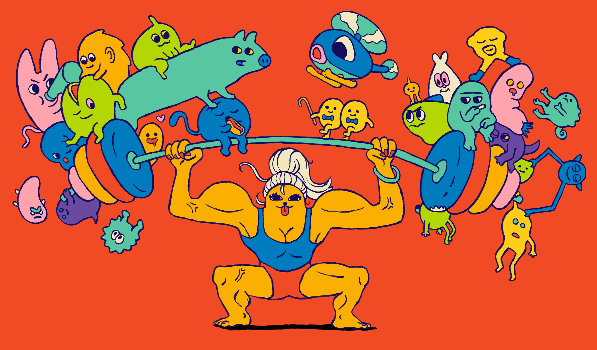 A muscular, cartoon-style yellow character with long white hair and glasses, flexing biceps, surrounded by colorful cartoon animals and creatures on a red background.
