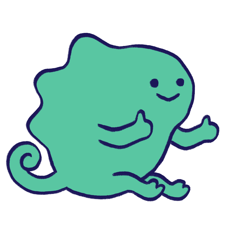 A cartoon chameleon with a smiling face, sitting with one arm crossed and the other arm extended, in a playful and friendly pose.
