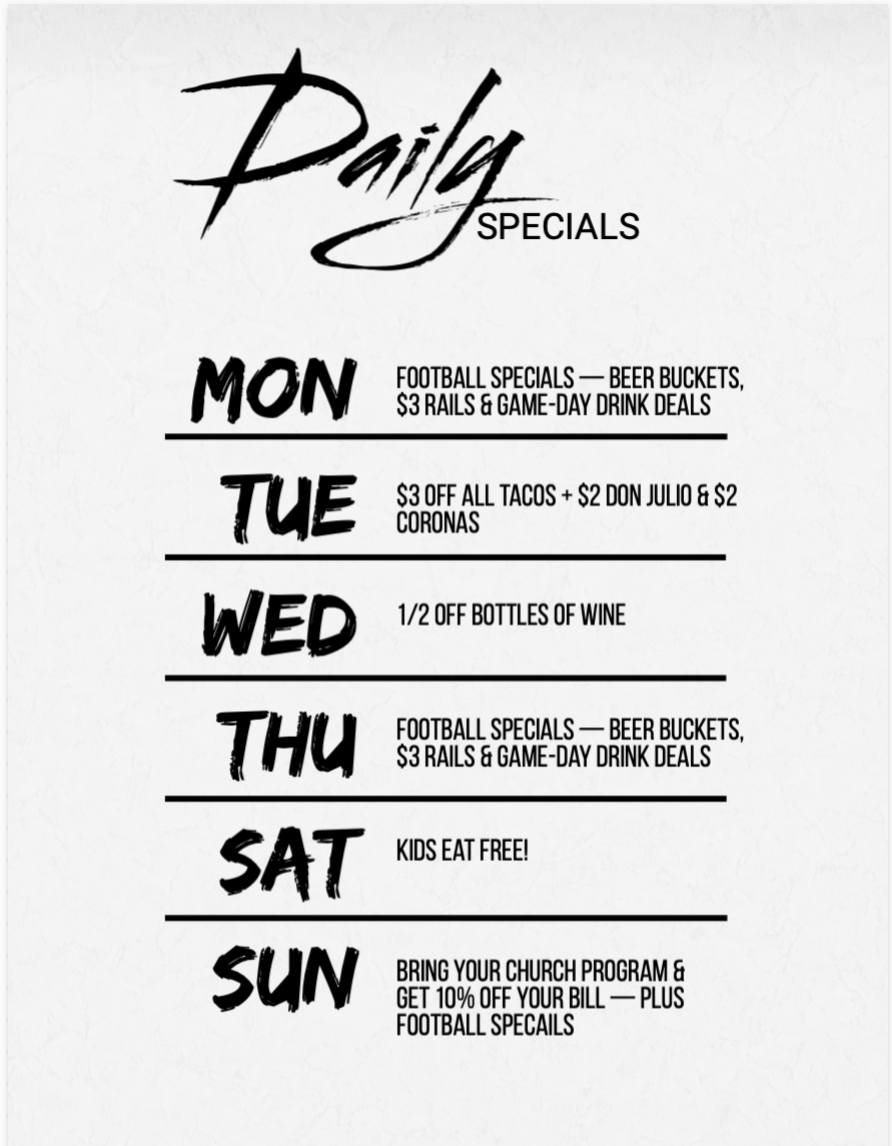 Weekly specials menu from a restaurant called Darla. Monday and Thursday offer football-related specials like beer buckets and drink deals. Tuesday offers $3 off all tacos and $2 discounts on specific drinks. Wednesday features half-price bottles of wine. Saturday promotes free kids' meals, and Sunday offers a church program discount plus football specials.