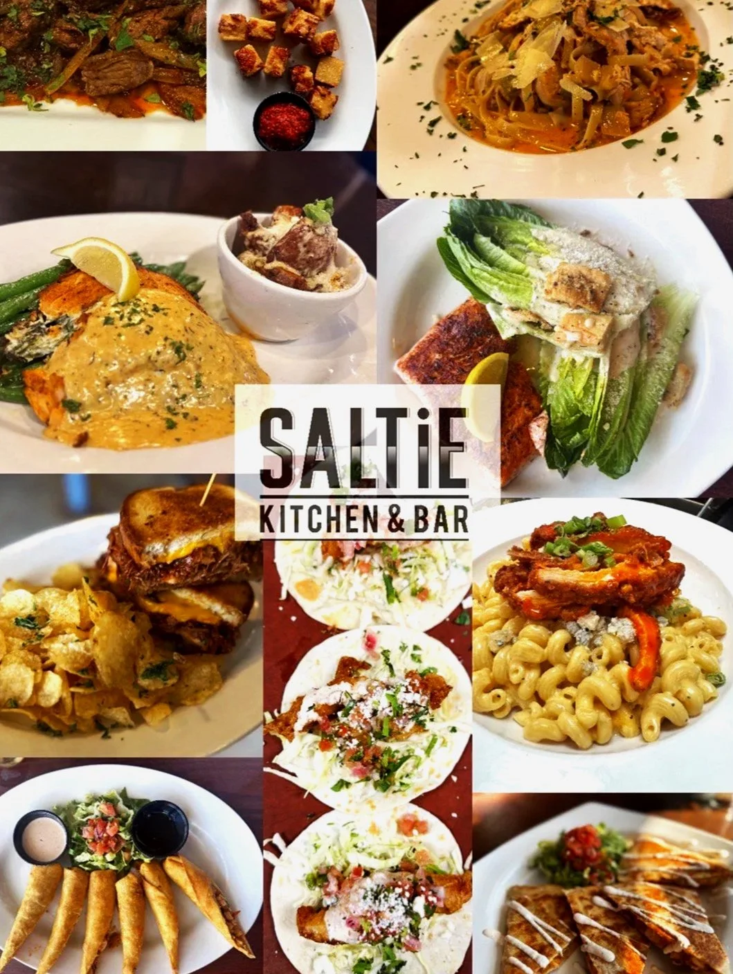 A collage of various dishes including fried chicken, pasta, tacos, salad, grilled fish, nachos, and fried spring rolls, with the Salty Kitchen & Bar logo in the center.