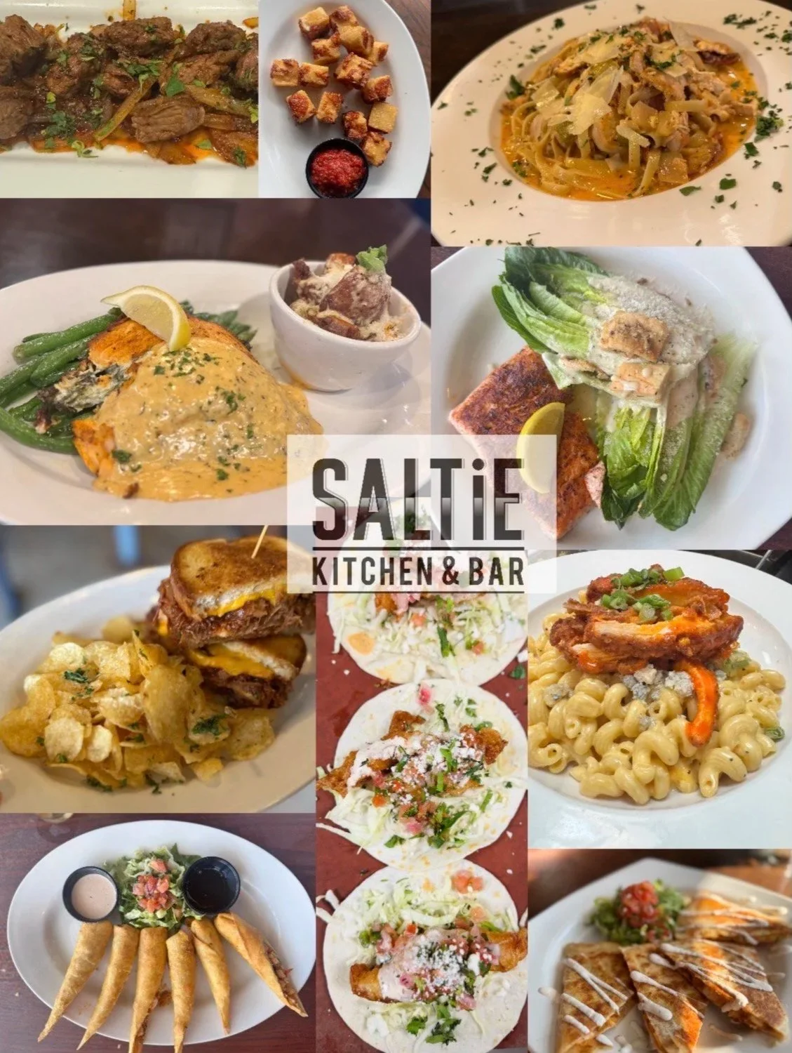 A collage of various dishes including beef and vegetable stir-fry with crispy bread cubes, pasta with sauce and herbs, grilled salmon with green beans and a side dish, fish tacos with toppings, potato chips with a burger, fried spring rolls with dipping sauces, and chicken wings with macaroni and cheese, all served at Saltie Kitchen & Bar.