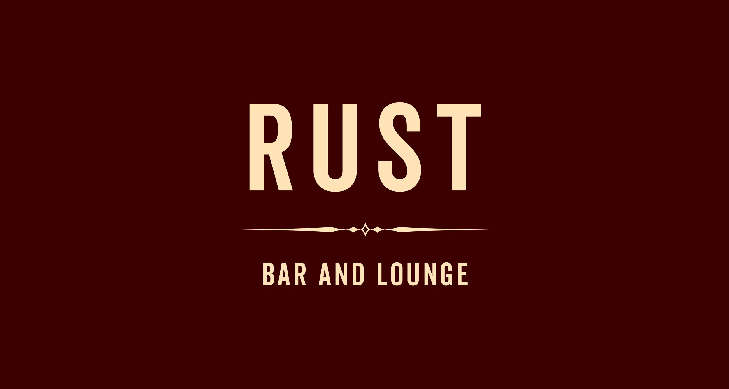 Rust Bar and Lounge logo on a dark red gradient background