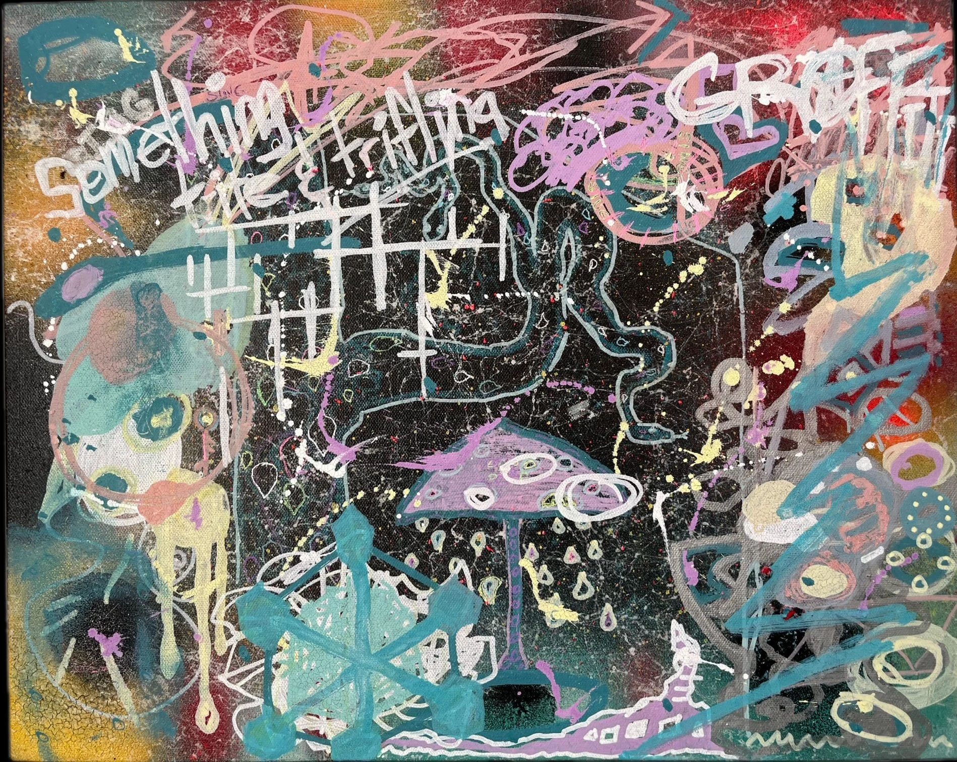 Abstract psychadelic linoleum print with spray paint marker on black canvas