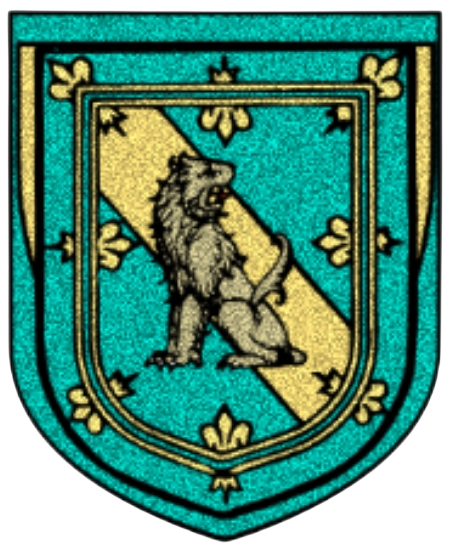 A shield-shaped crest with a blue background, gold decorative border, and a diagonal gold stripe. In the center, there is a gray lion standing on its hind legs.